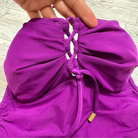 LAUREN RALPH LAUREN RUCHED HALTER LACE UP SLIMMING PURPLE ONE PIECE SWIMSUIT 6 - Picture 3 of 13